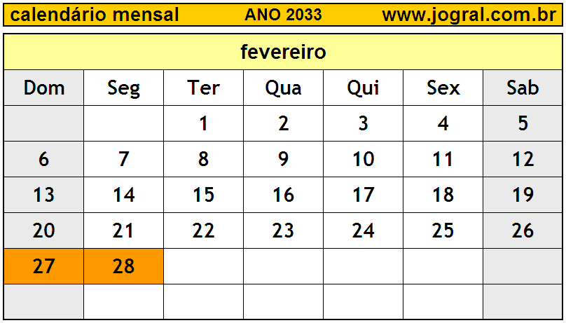 Calendário do Ano 2033 Mês de Fevereiro