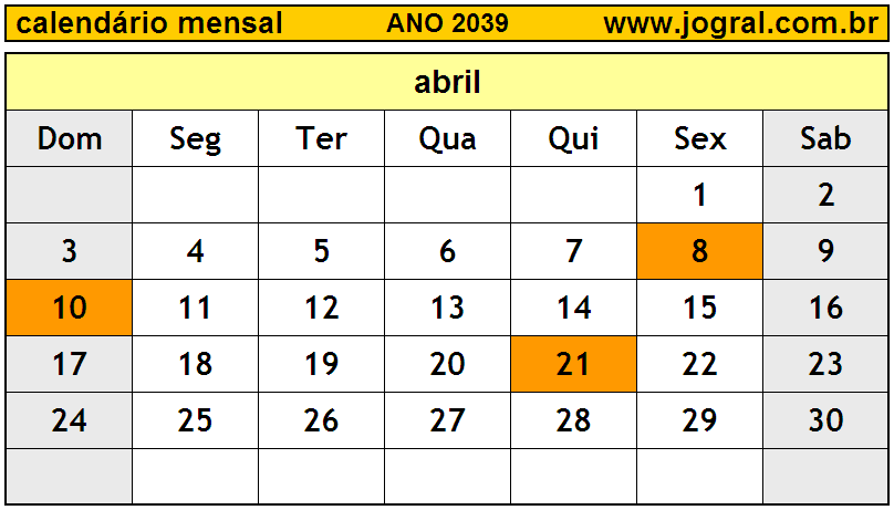 Calendário do Ano 2039 Mês de Abril