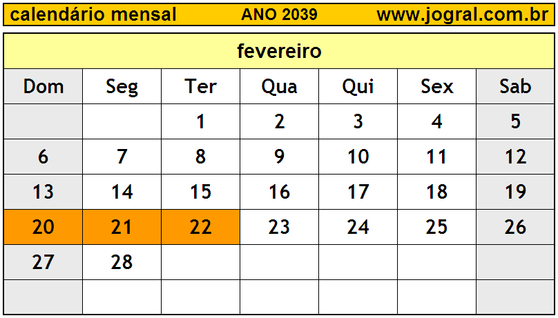 Calendário do Ano 2039 Mês de Fevereiro