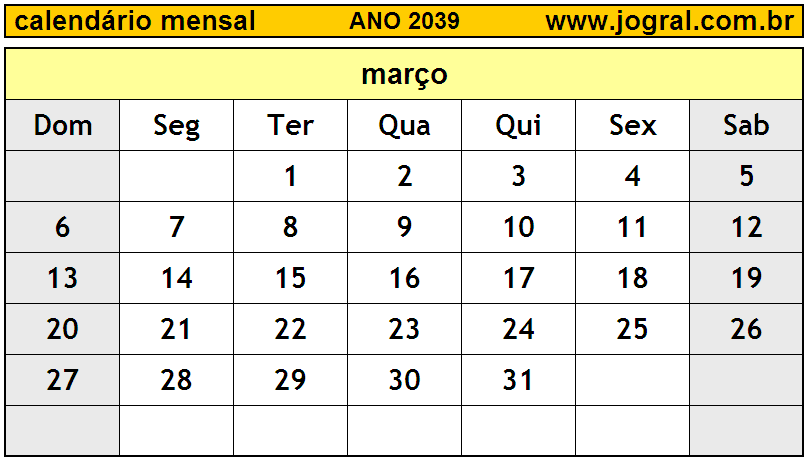 Calendário do Ano 2039 Mês de Março