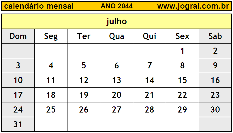 Calendário do Ano 2044 Mês de Julho