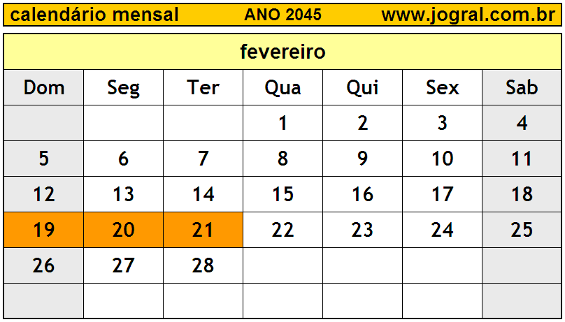 Calendário do Ano 2045 Mês de Fevereiro
