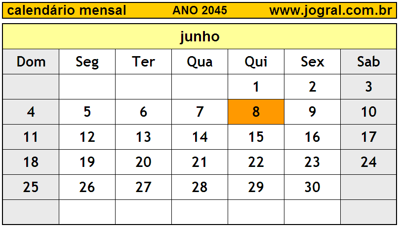 Calendário do Ano 2045 Mês de Junho