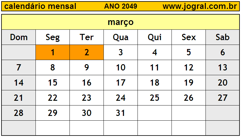 Calendário do Ano 2049 Mês de Março