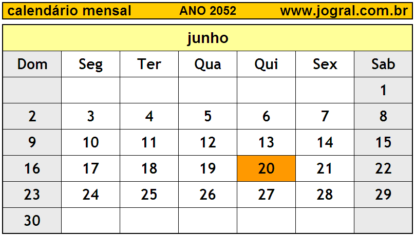 Calendário do Ano 2052 Mês de Junho