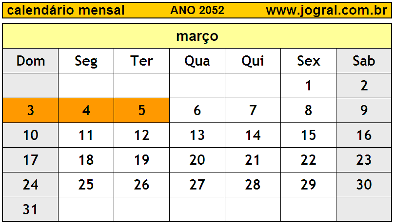 Calendário do Ano 2052 Mês de Março