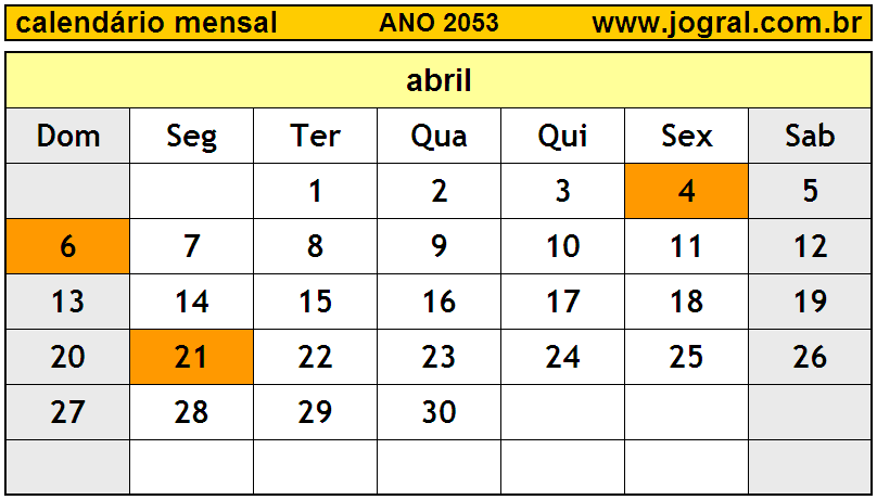 Calendário do Ano 2053 Mês de Abril