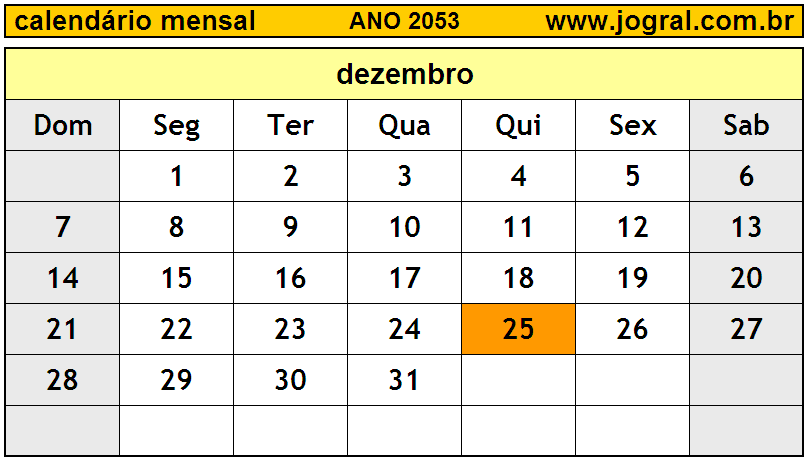Calendário do Ano 2053 Mês de Dezembro