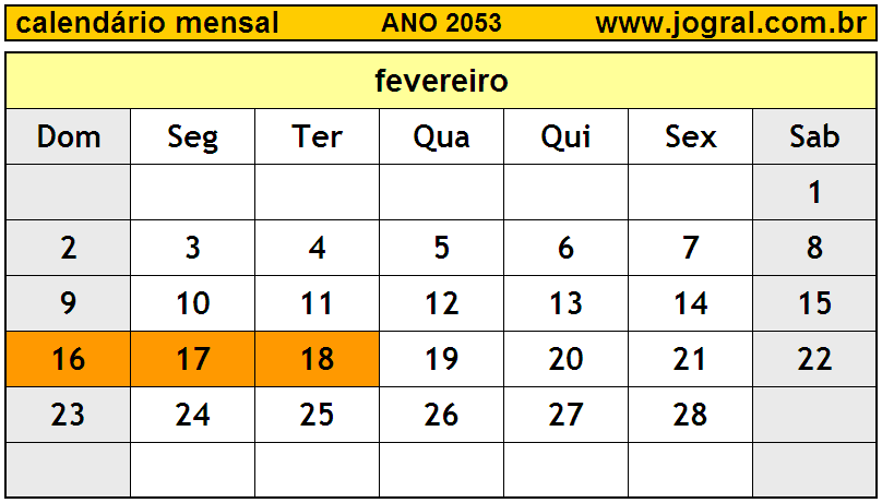 Calendário do Ano 2053 Mês de Fevereiro