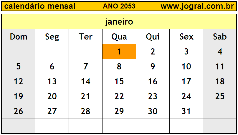 Calendário do Ano 2053 Mês de Janeiro