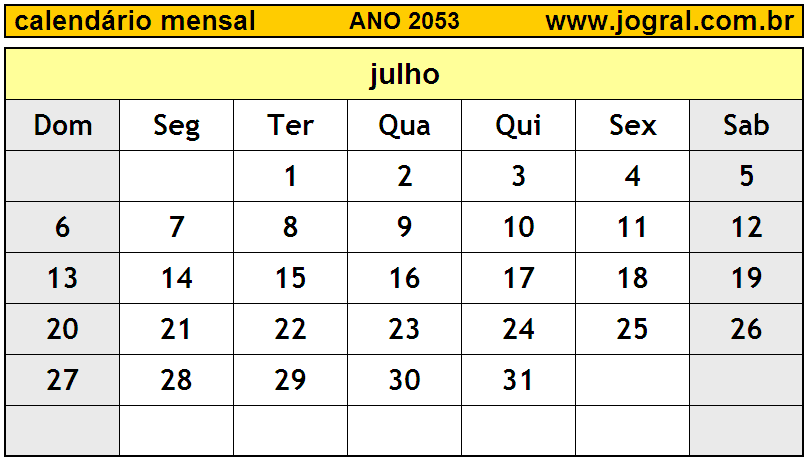 Calendário do Ano 2053 Mês de Julho