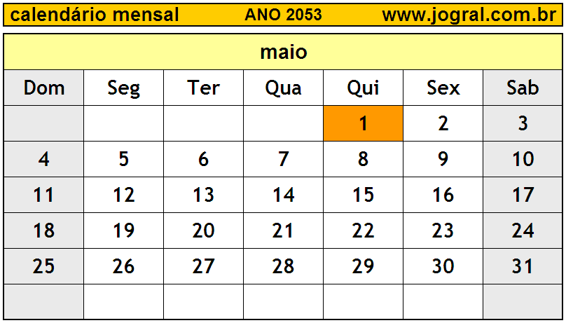Calendário do Ano 2053 Mês de Maio