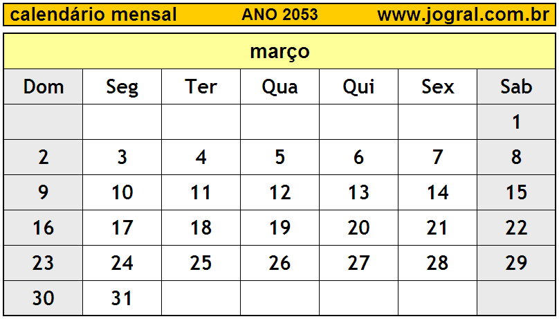 Calendário do Ano 2053 Mês de Março