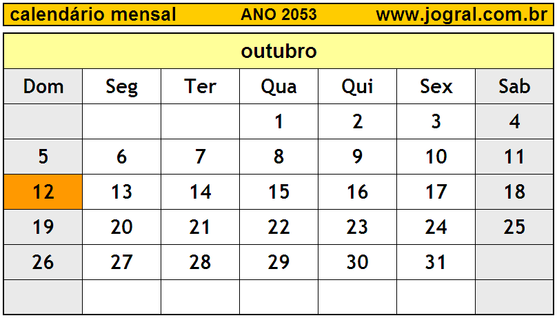 Calendário do Ano 2053 Mês de Outubro
