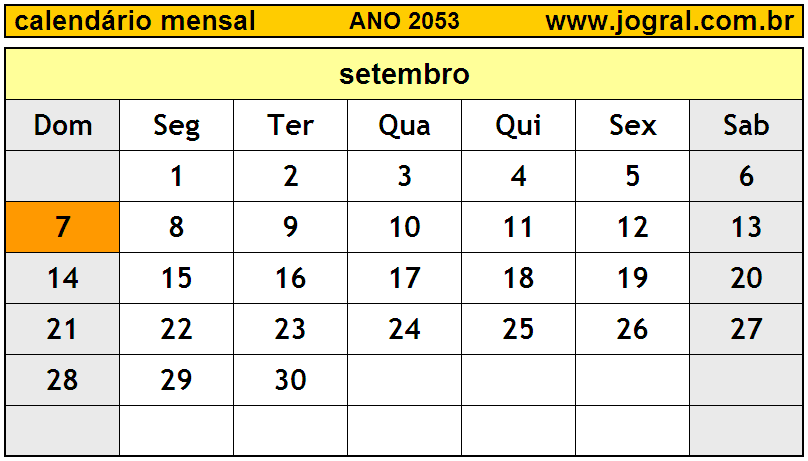 Calendário do Ano 2053 Mês de Setembro
