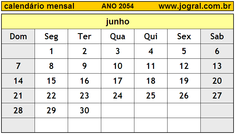 Calendário do Ano 2054 Mês de Junho