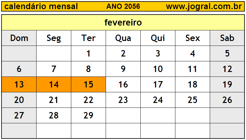 Calendário do Ano 2056 Mês de Fevereiro