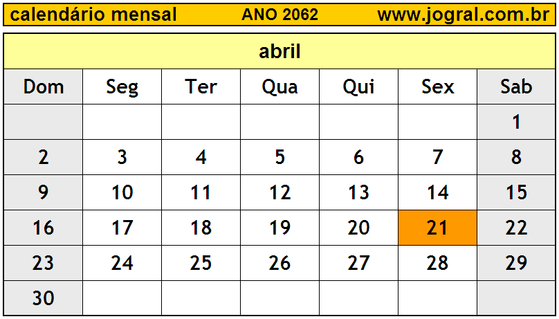 Calendário do Ano 2062 Mês de Abril