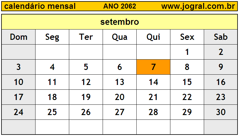 Calendário do Ano 2062 Mês de Setembro