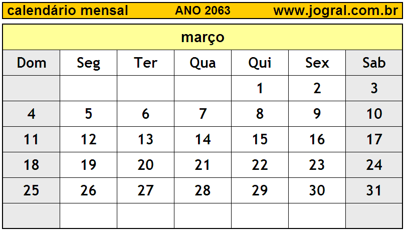Calendário do Ano 2063 Mês de Março