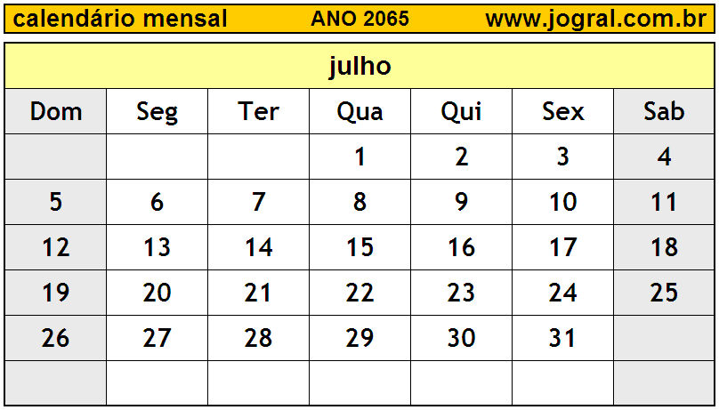 Calendário do Ano 2065 Mês de Julho