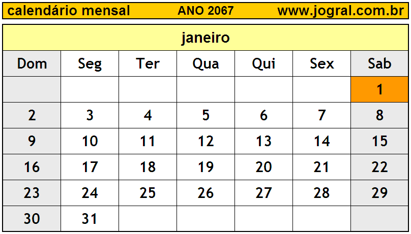 Calendário do Ano 2067 Mês de Janeiro