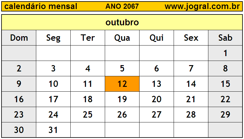Calendário do Ano 2067 Mês de Outubro