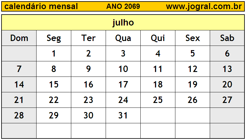 Calendário do Ano 2069 Mês de Julho