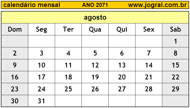 Calendário do Ano 2071 Mês de Agosto