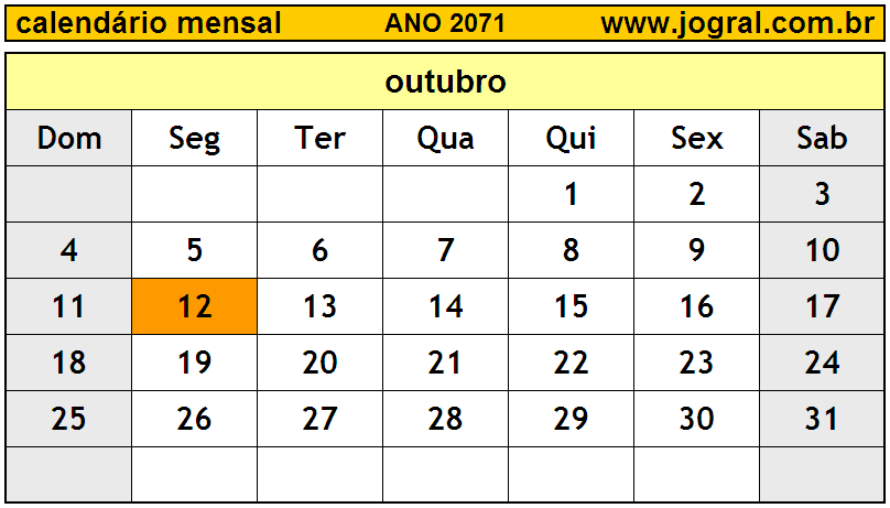Calendário do Ano 2071 Mês de Outubro