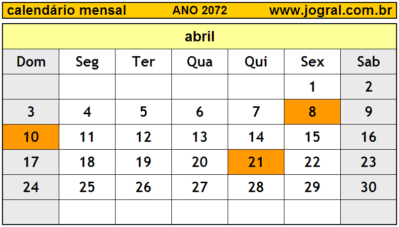 Calendário do Ano 2072 Mês de Abril