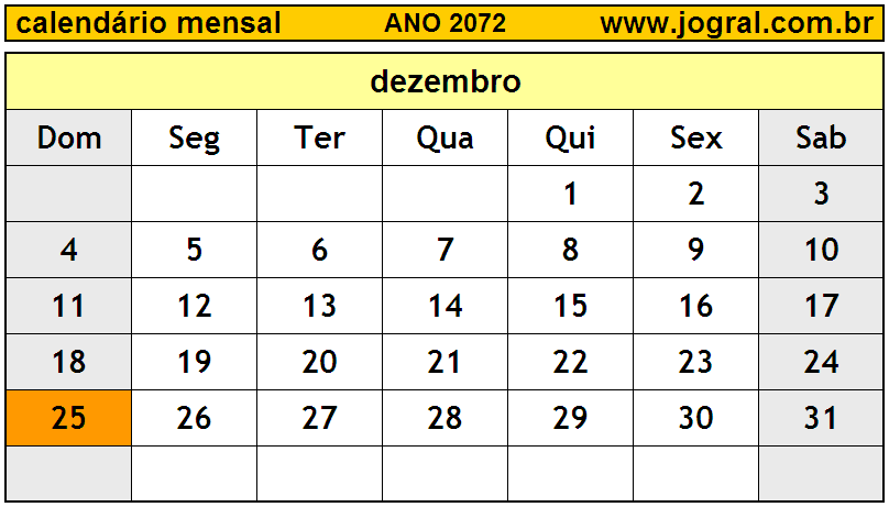 Calendário do Ano 2072 Mês de Dezembro