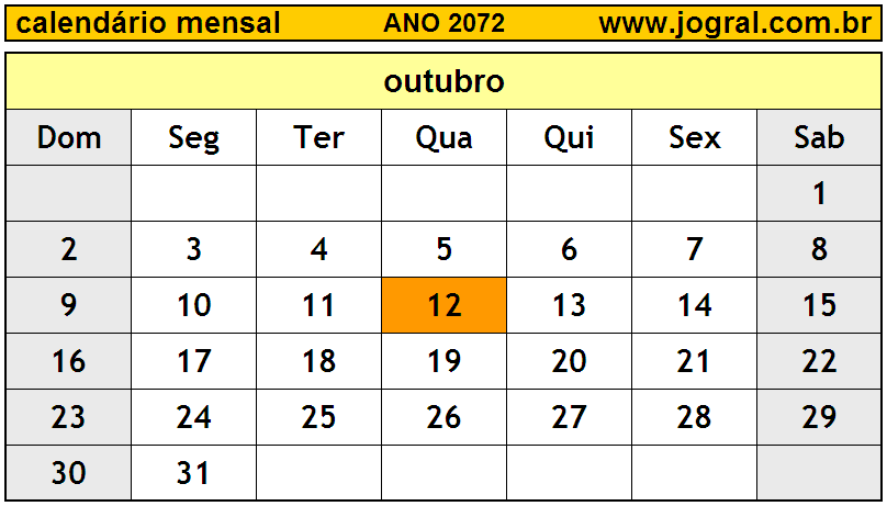 Calendário do Ano 2072 Mês de Outubro