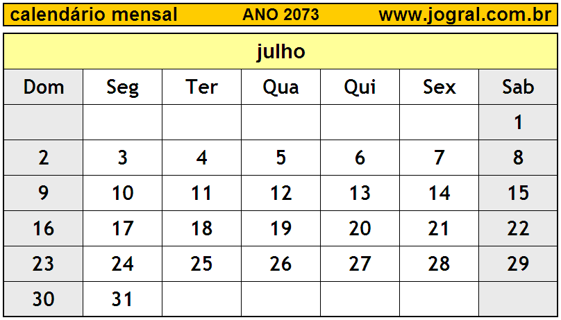 Calendário do Ano 2073 Mês de Julho