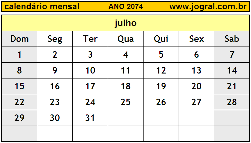 Calendário do Ano 2074 Mês de Julho