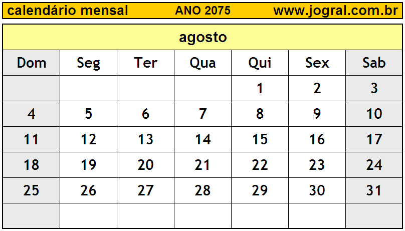 Calendário do Ano 2075 Mês de Agosto