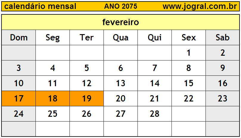 Calendário do Ano 2075 Mês de Fevereiro