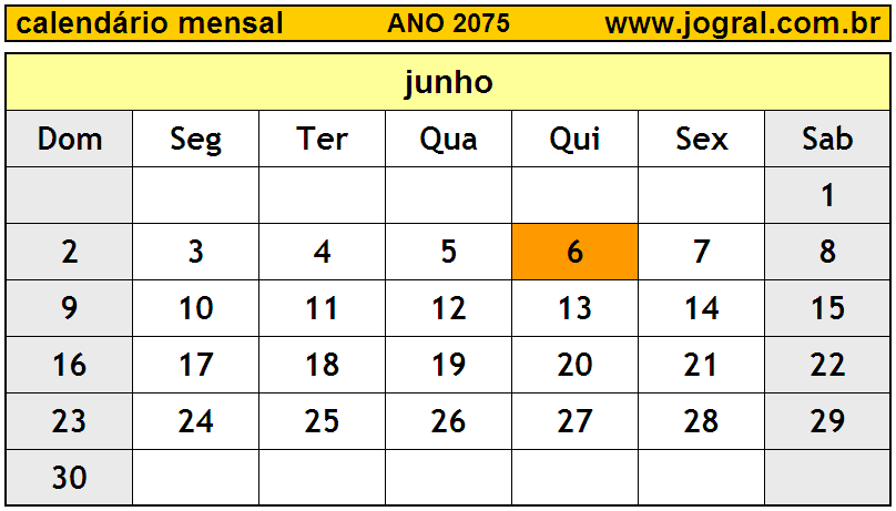 Calendário do Ano 2075 Mês de Junho