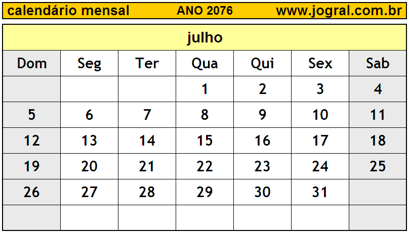 Calendário do Ano 2076 Mês de Julho