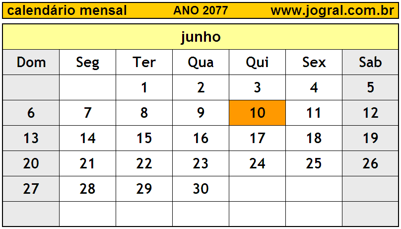 Calendário do Ano 2077 Mês de Junho