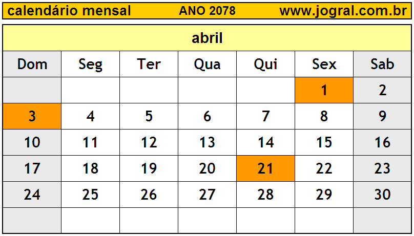Calendário do Ano 2078 Mês de Abril