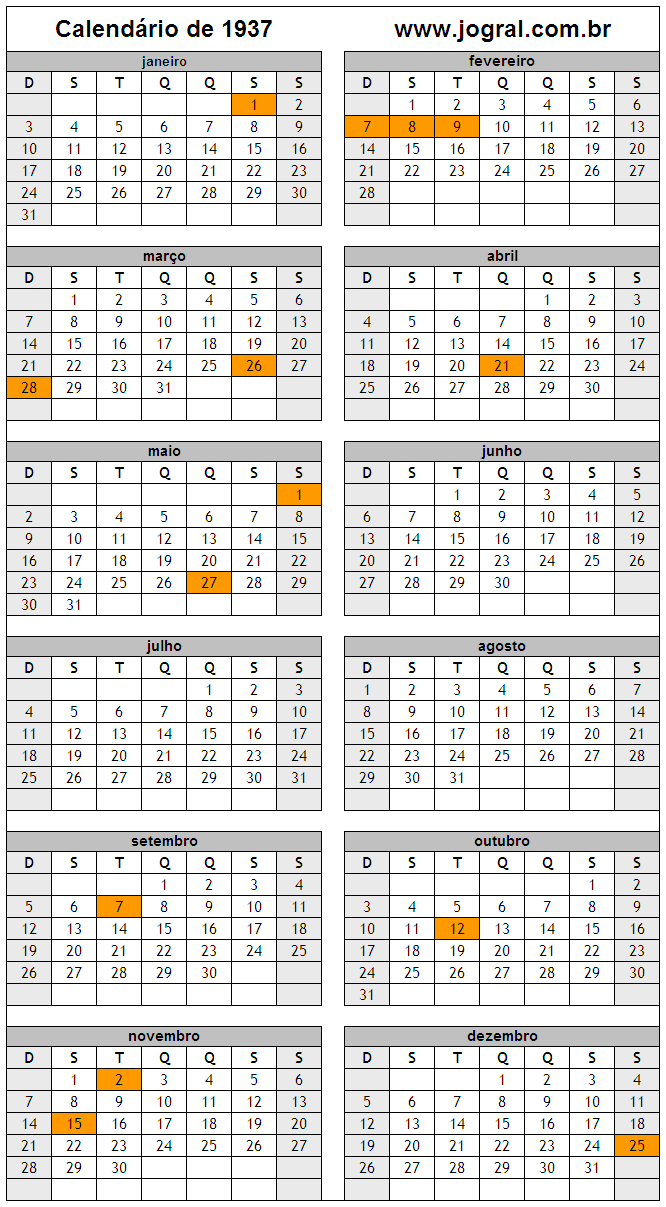Calendário do Ano 1937 Para Imprimir