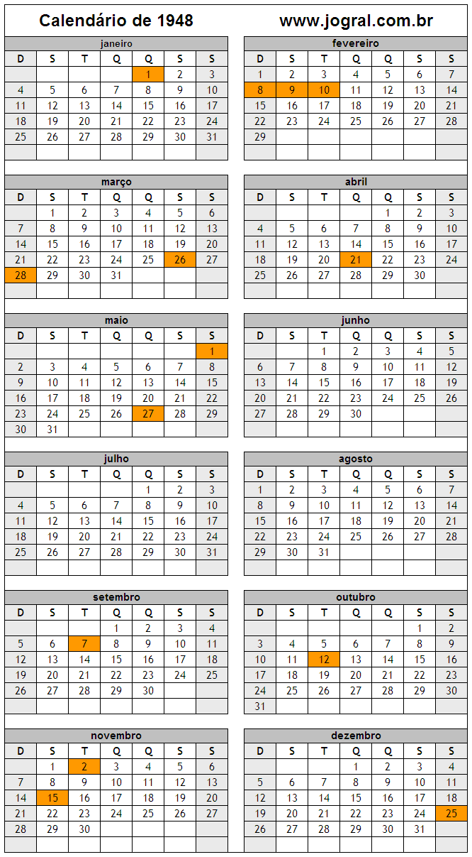 Calendário do Ano 1948 Para Imprimir