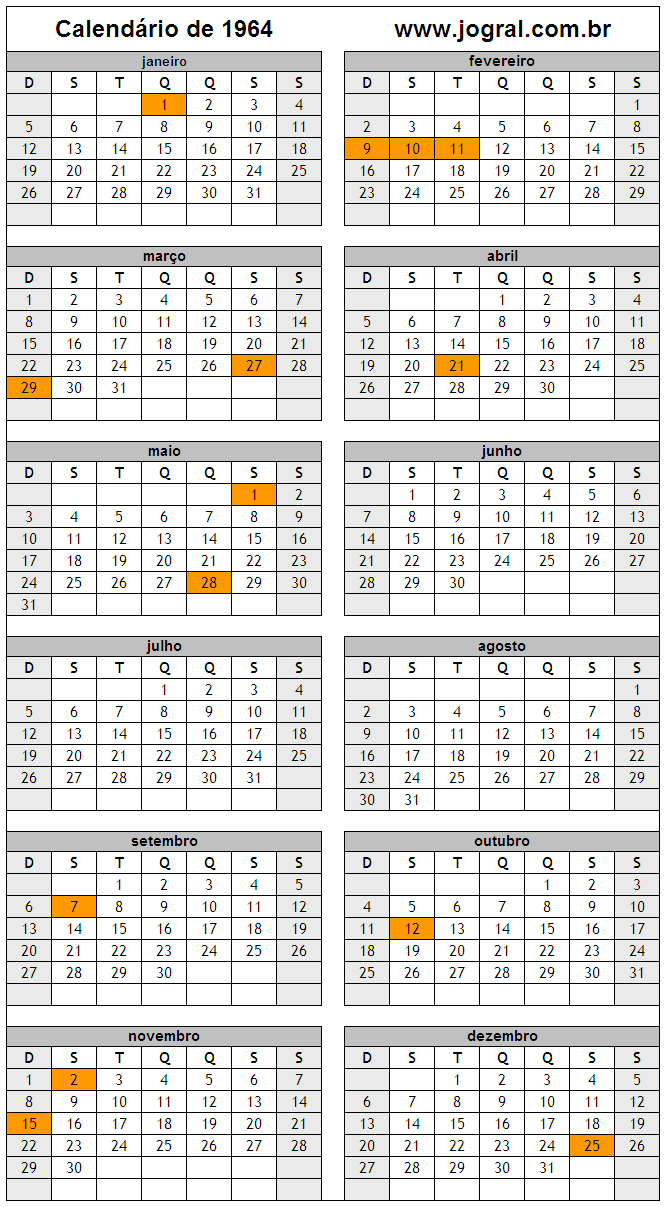 Calendario 1964 para imprimir: planifica tu año con estilo Calendario 1964 para imprimir: planifica tu año con estilo