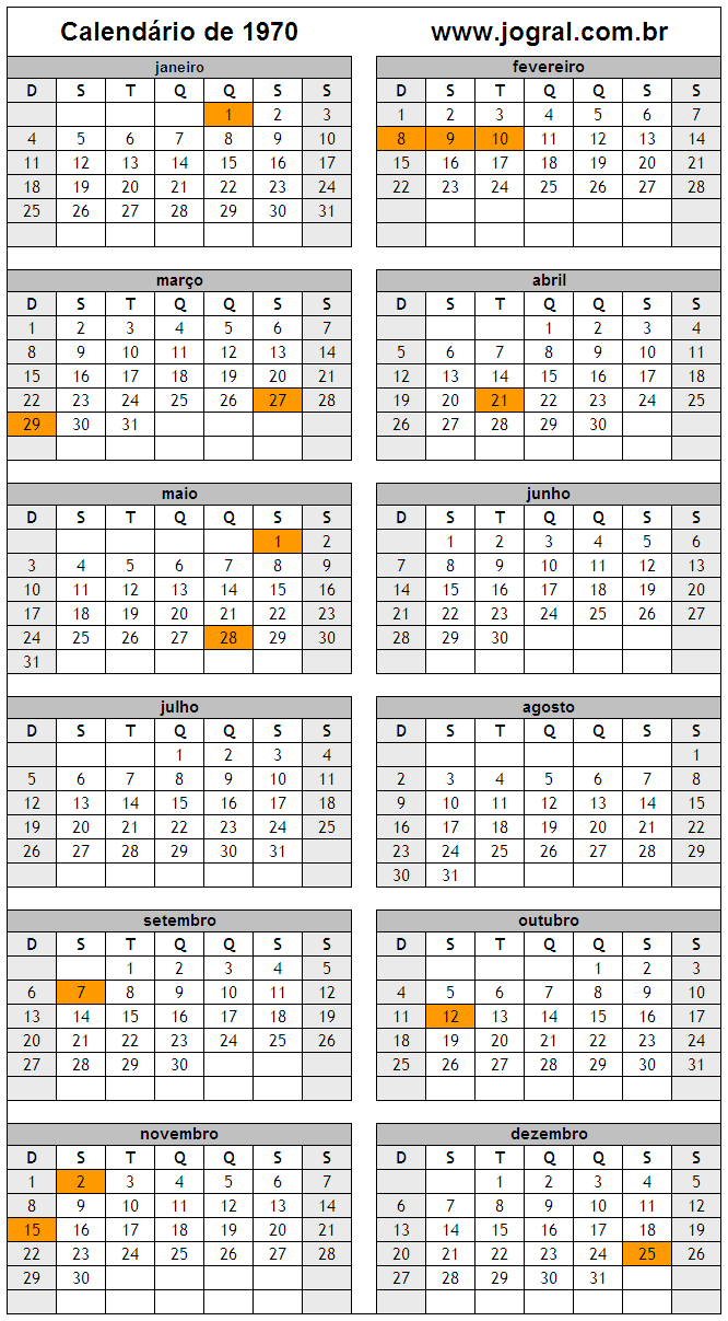 Calendário do Ano 1970 Para Imprimir