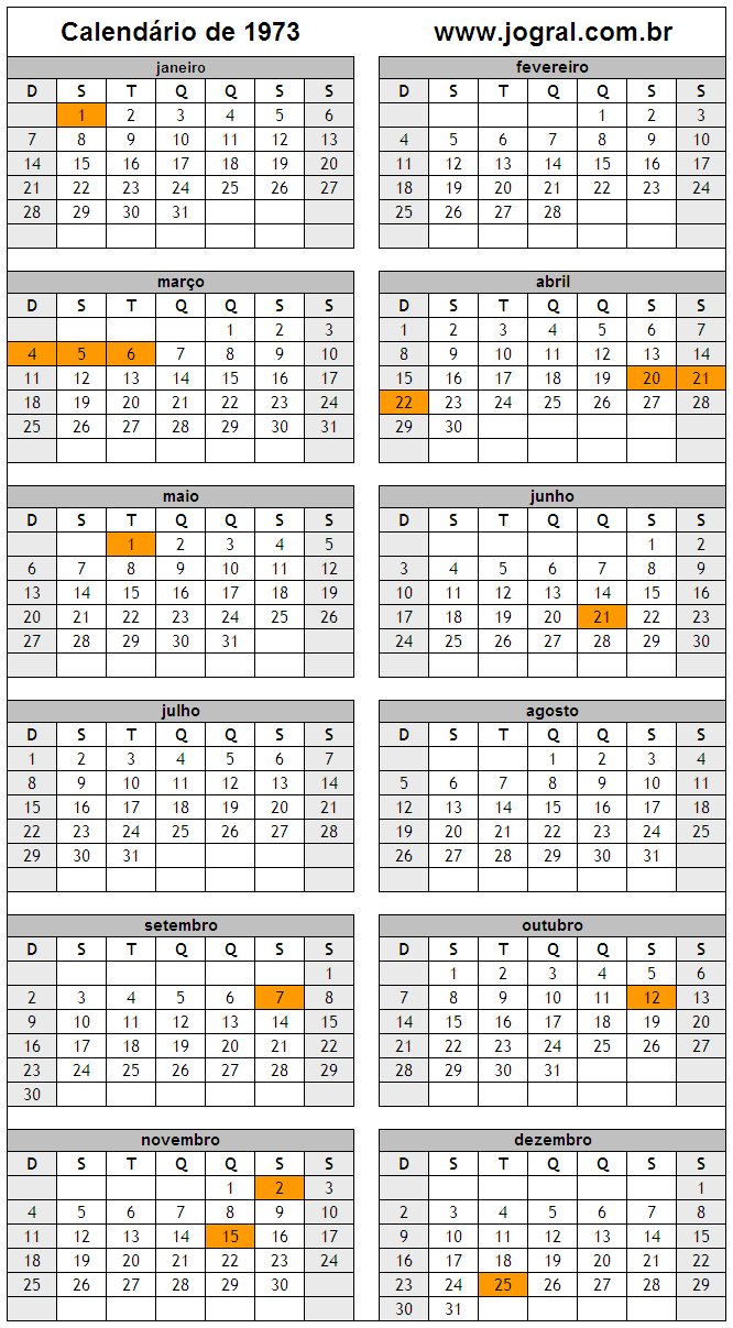 Calendário do Ano 1973 Para Imprimir