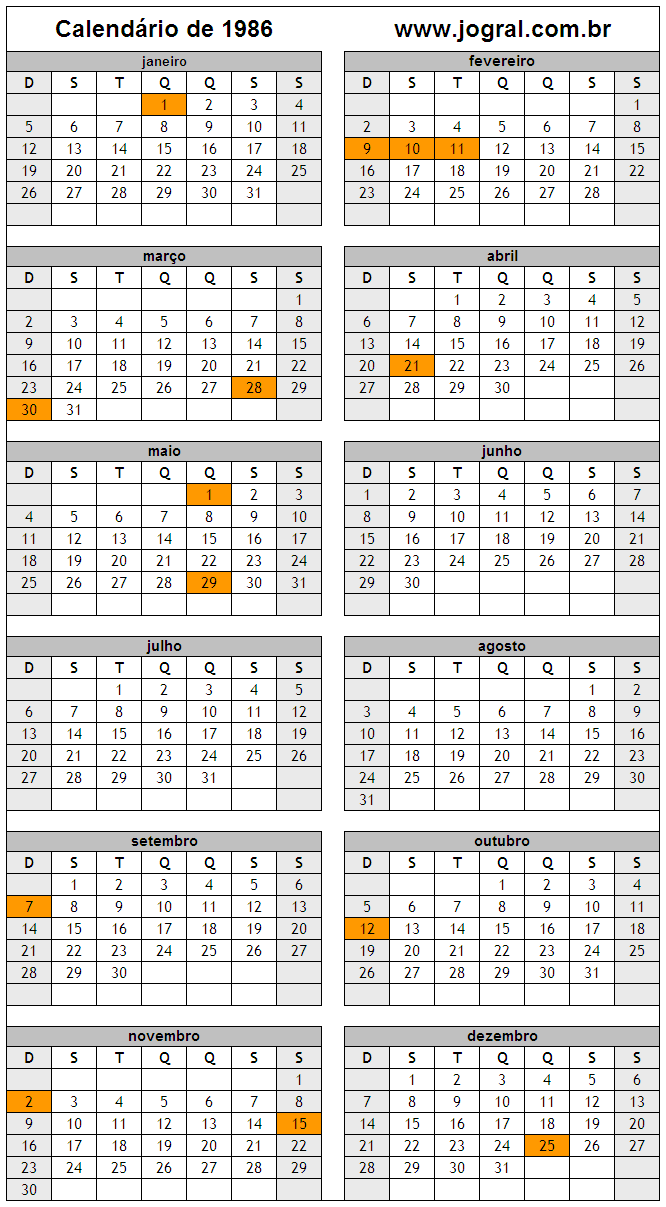 Calendário do Ano 1986 Para Imprimir