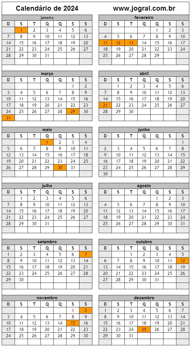 Calendário do Ano 2024 Para Imprimir em Formato PDF e Imagem