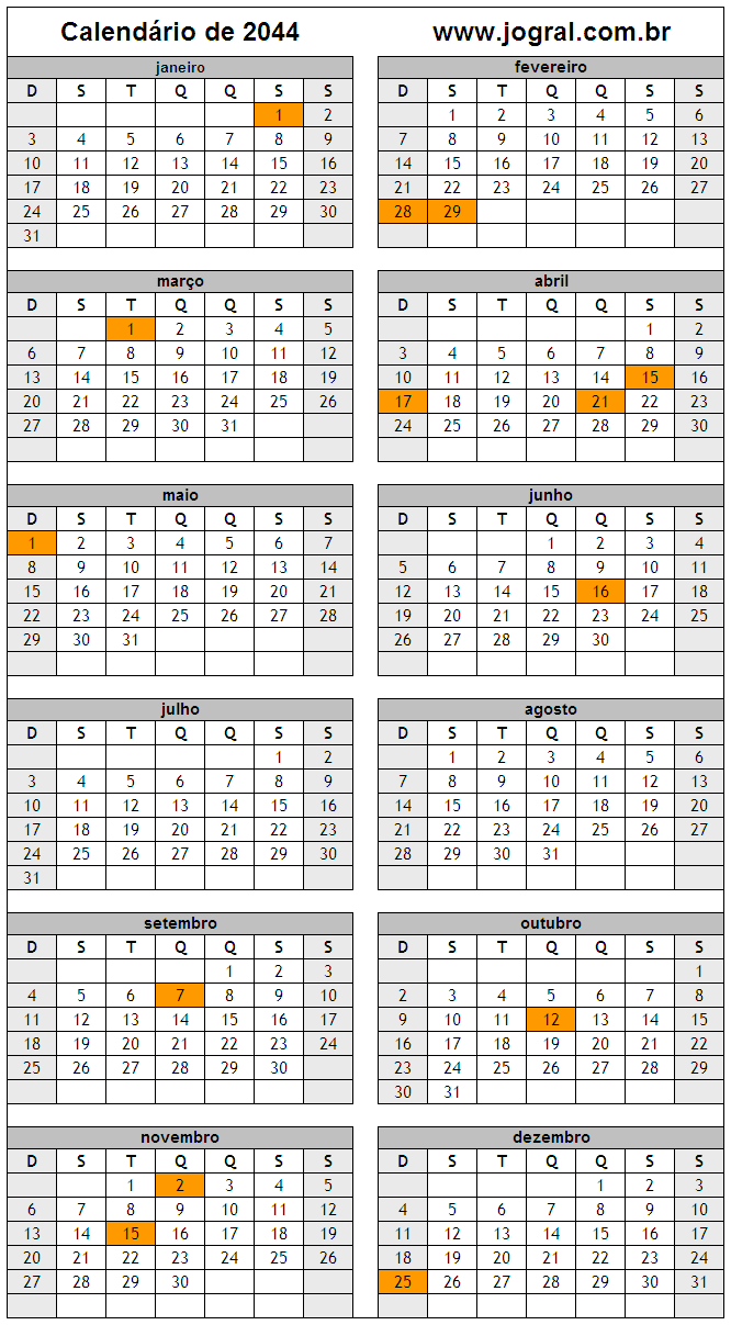 Calendário Do Ano 2044 Para Imprimir Em Formato Pdf E Imagem